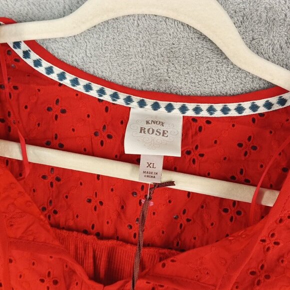 NWT Knox Rose Floral Eyelet Embroidered Top Tassel Tie Rib Knit Rebel Red - Picture 6 of 13